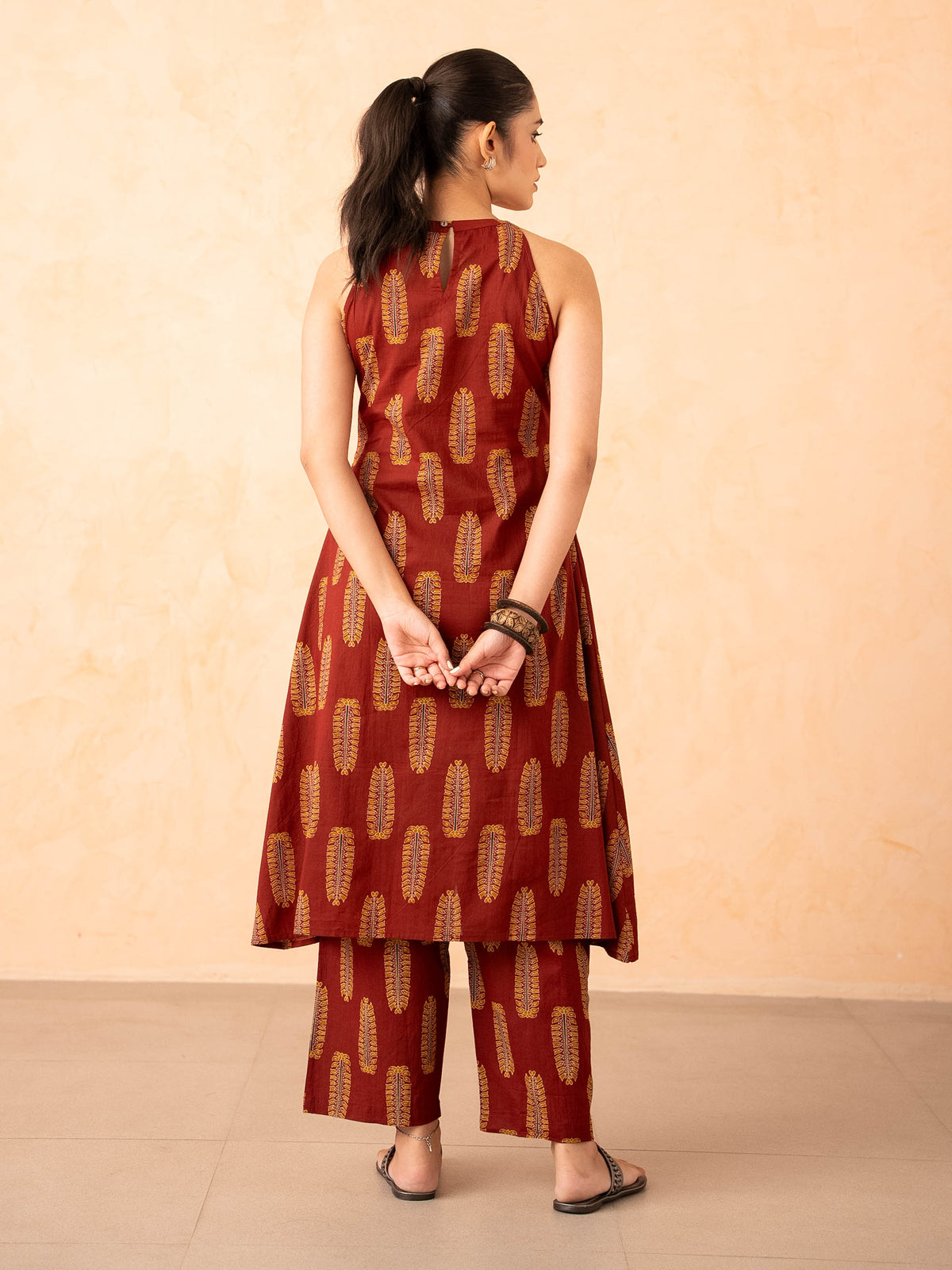 Maroon Leaf Print Halter Neck Co-ord Set