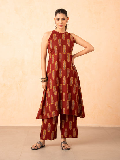 Maroon Leaf Print Halter Neck Co-ord Set