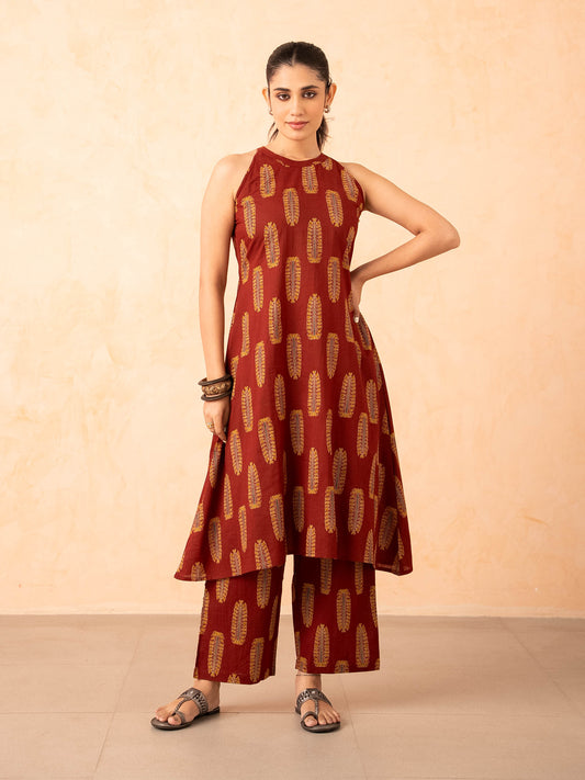 Maroon Leaf Print Halter Neck Co-ord Set