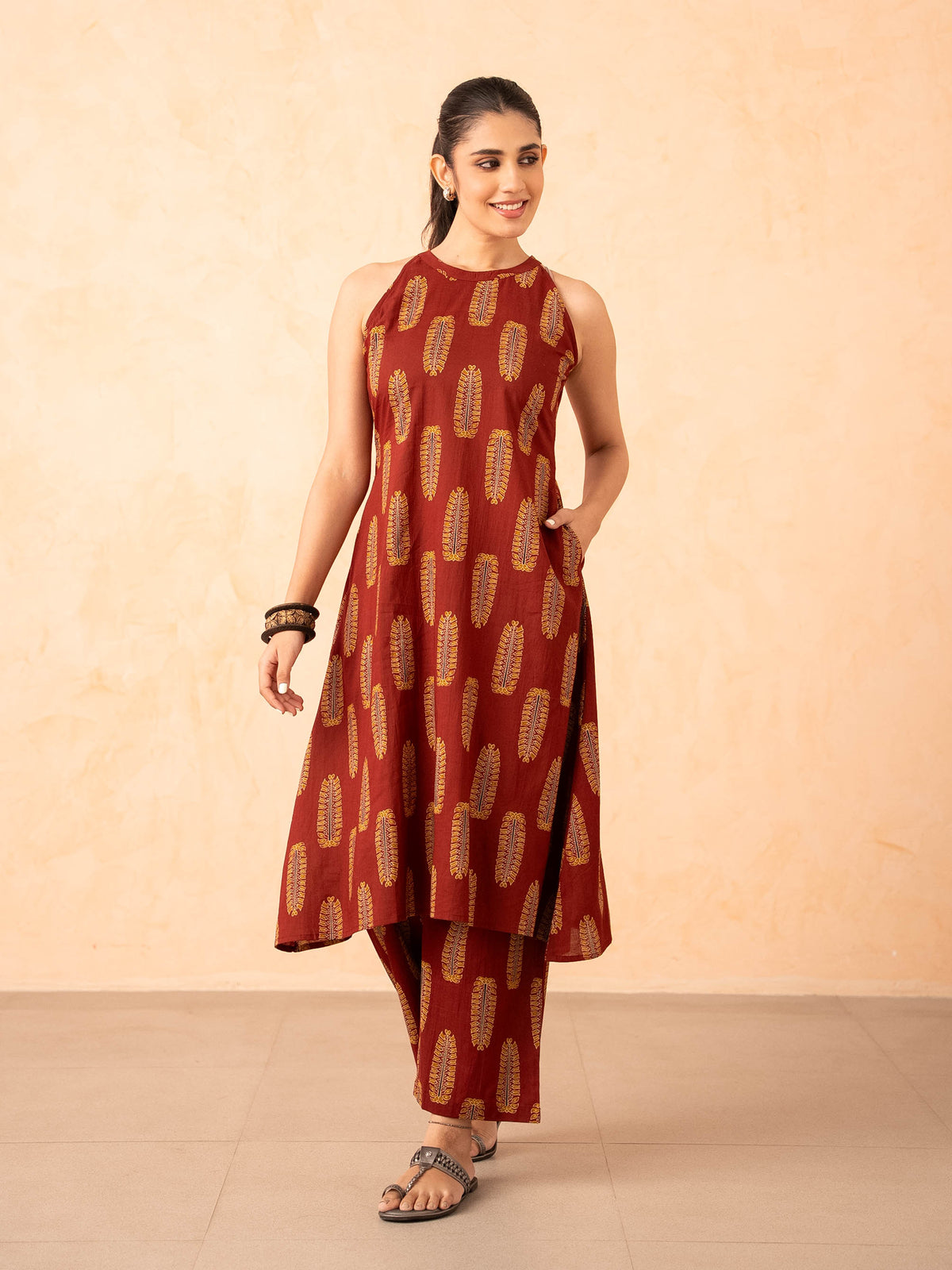Maroon Leaf Print Halter Neck Co-ord Set