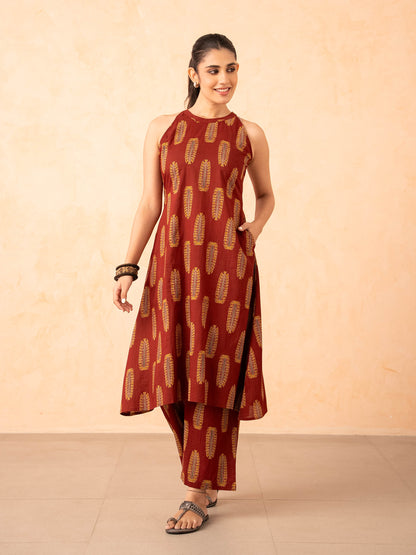Maroon Leaf Print Halter Neck Co-ord Set