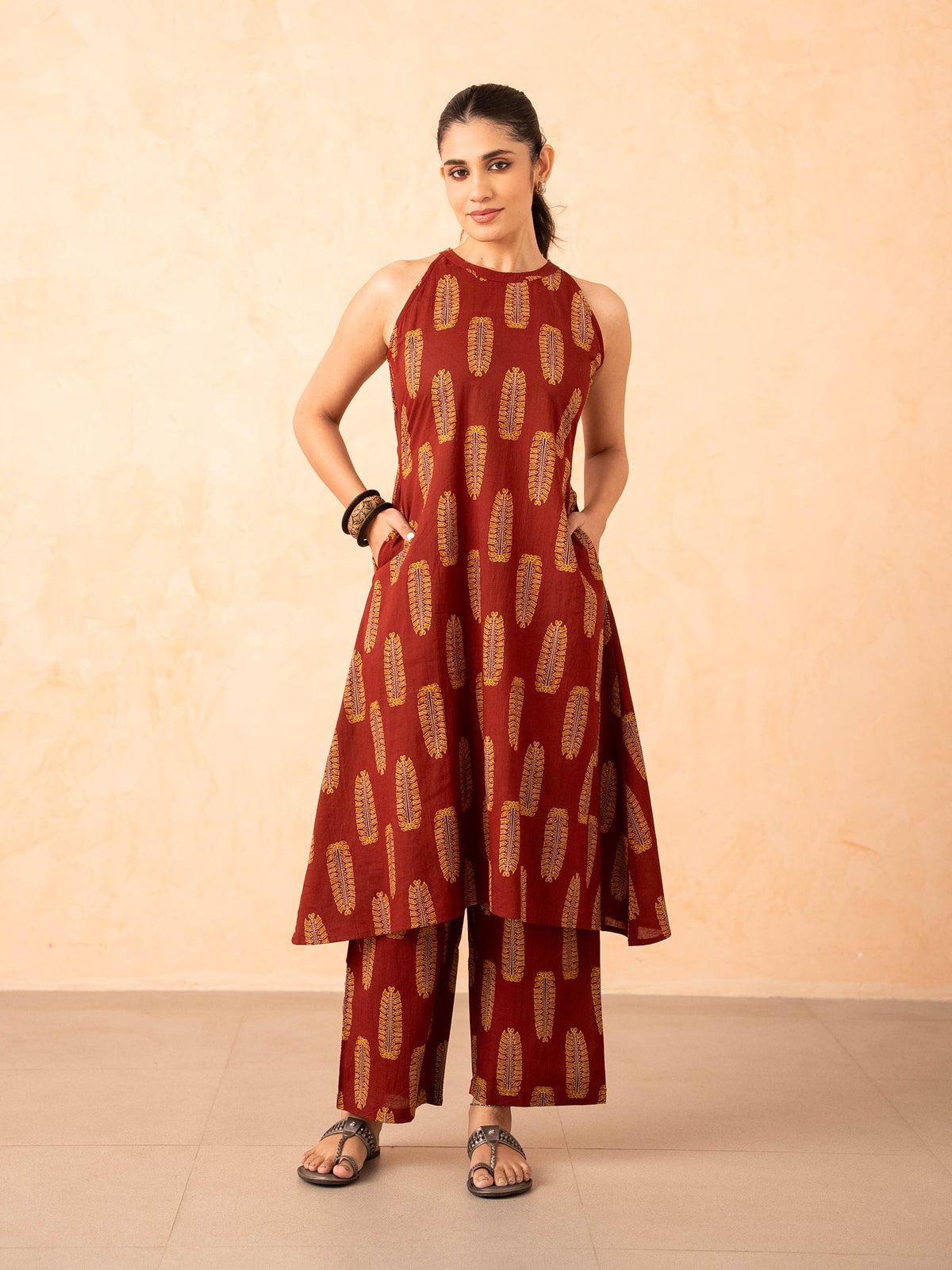 Maroon Leaf Print Halter Neck Co-ord Set