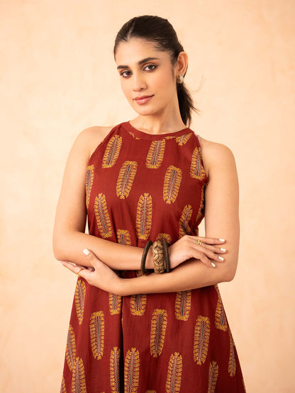 Maroon Leaf Print Halter Neck Co-ord Set
