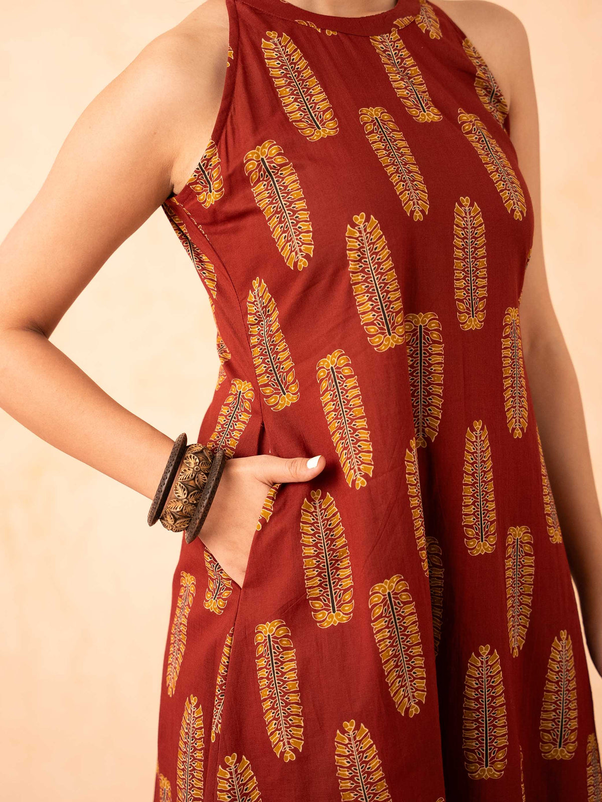 Maroon Leaf Print Halter Neck Co-ord Set