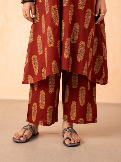 Maroon Leaf Print Halter Neck Co-ord Set