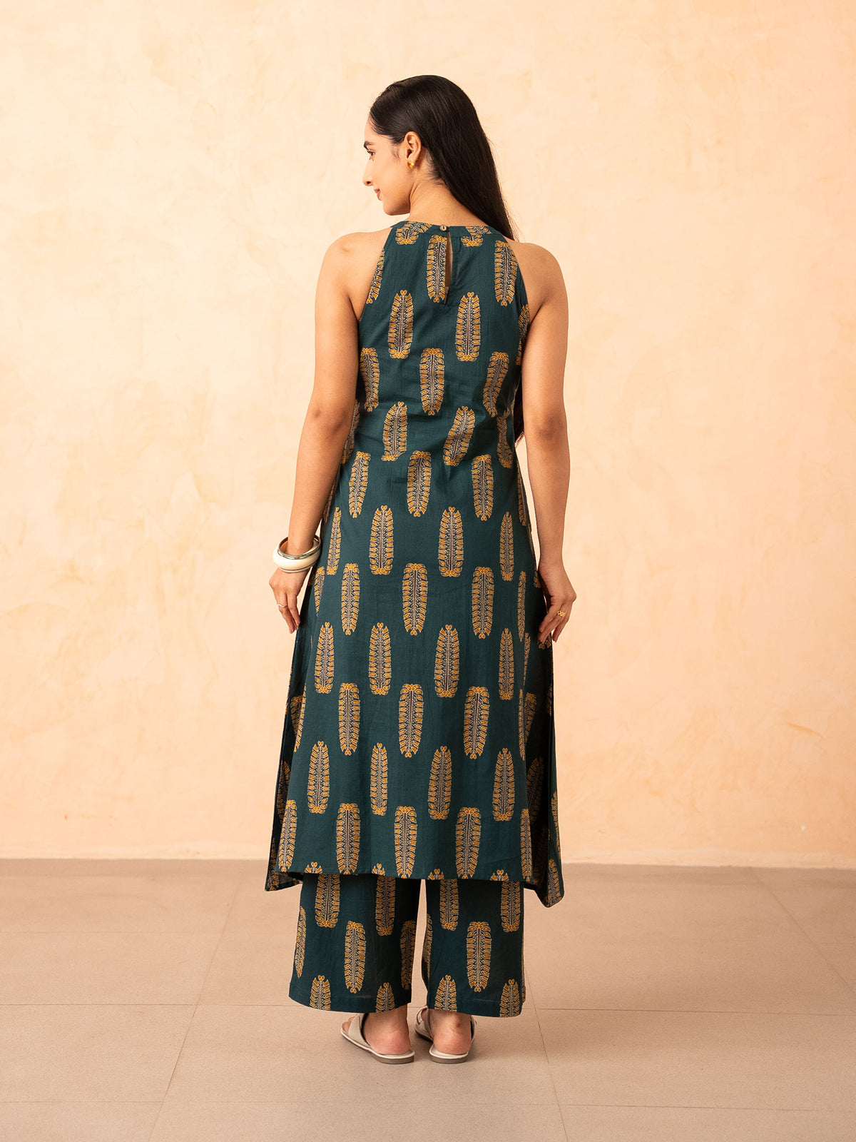 Teal Green Leaf Print Halter Neck Co-ord Set