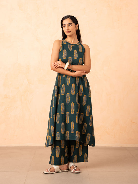 Teal Green Leaf Print Halter Neck Co-ord Set