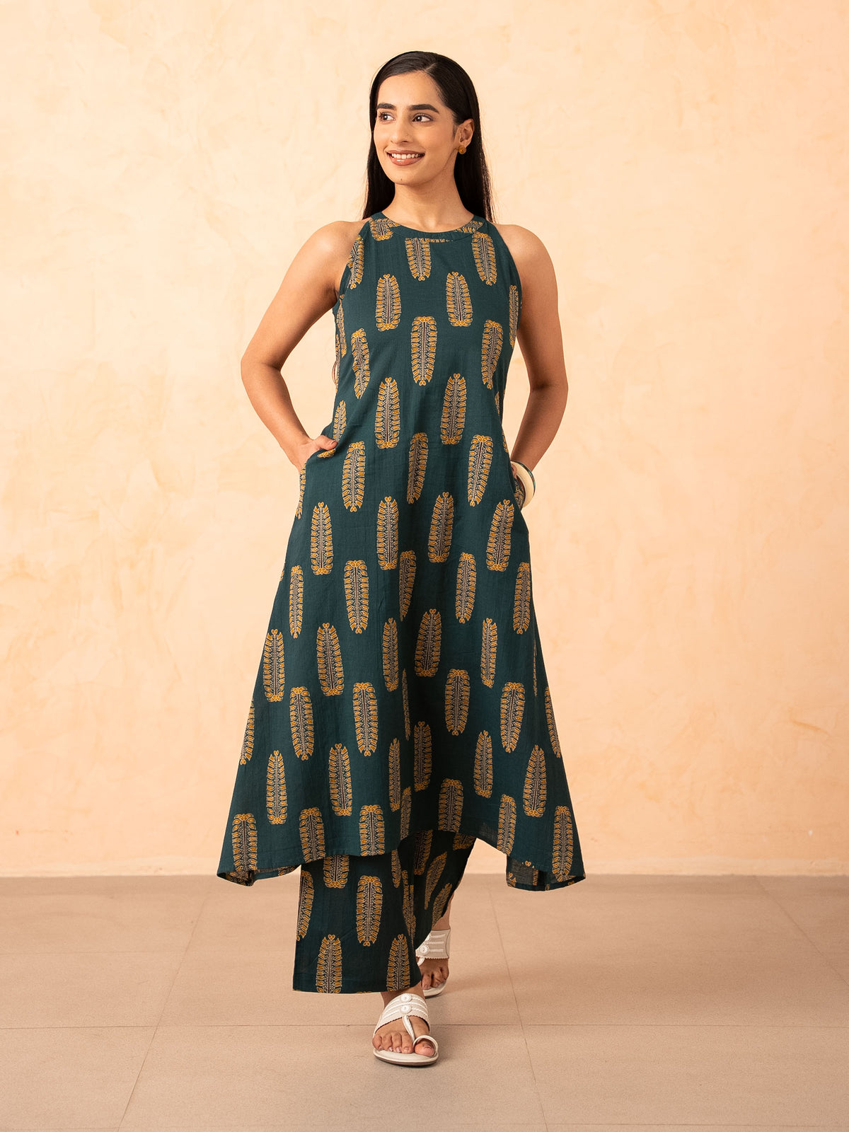 Teal Green Leaf Print Halter Neck Co-ord Set