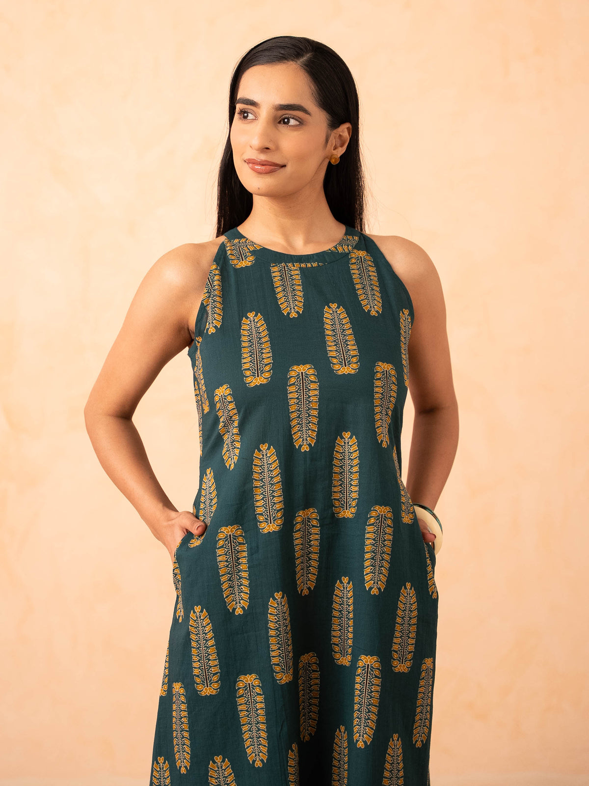 Teal Green Leaf Print Halter Neck Co-ord Set