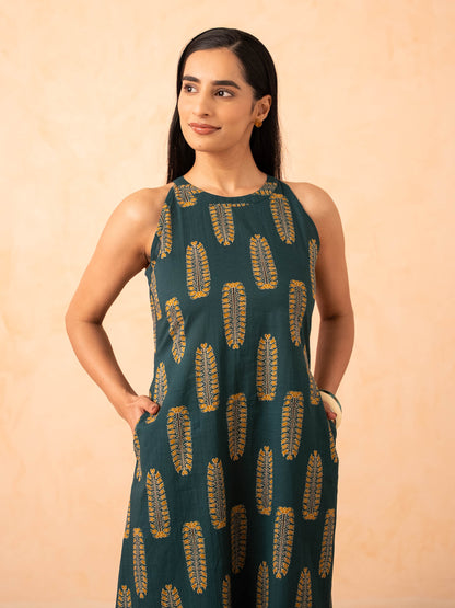 Teal Green Leaf Print Halter Neck Co-ord Set