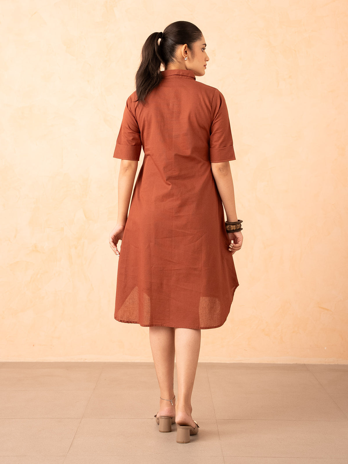 Rust Brown Shirt Dress with Line Art Print