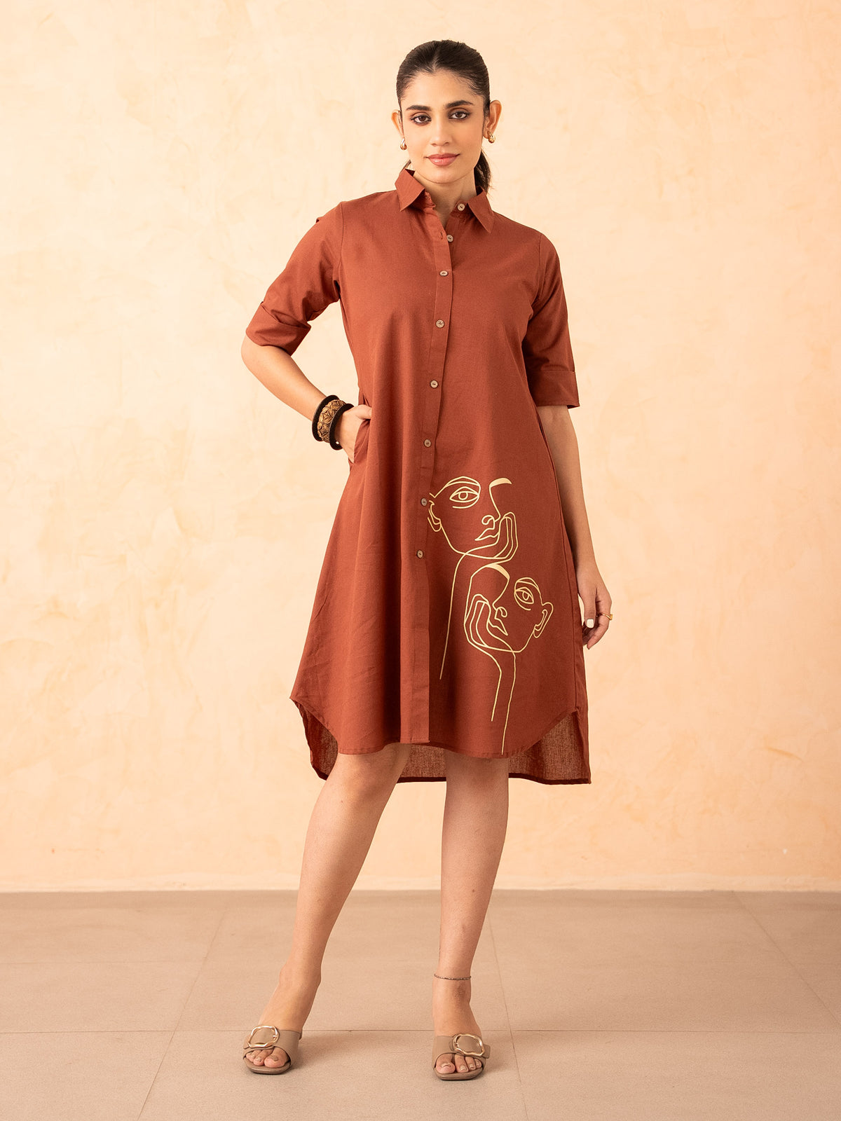 Rust Brown Shirt Dress with Line Art Print