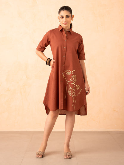 Rust Brown Shirt Dress with Line Art Print