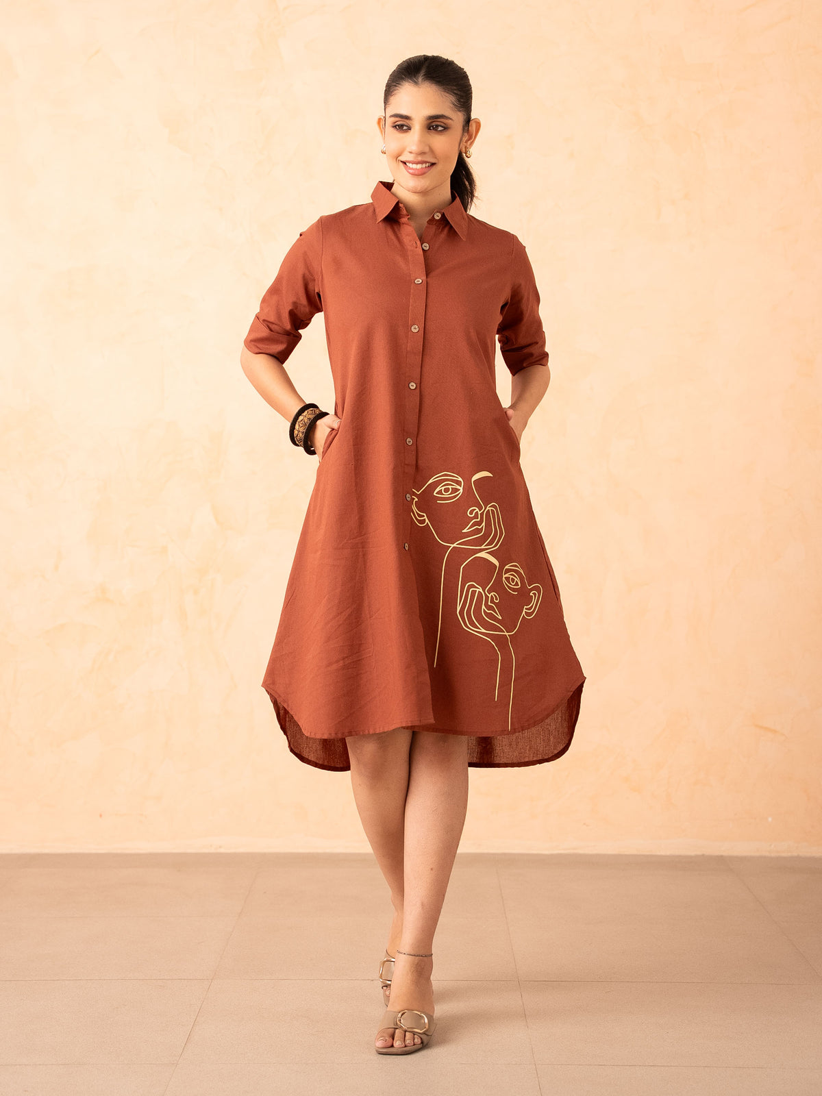 Rust Brown Shirt Dress with Line Art Print