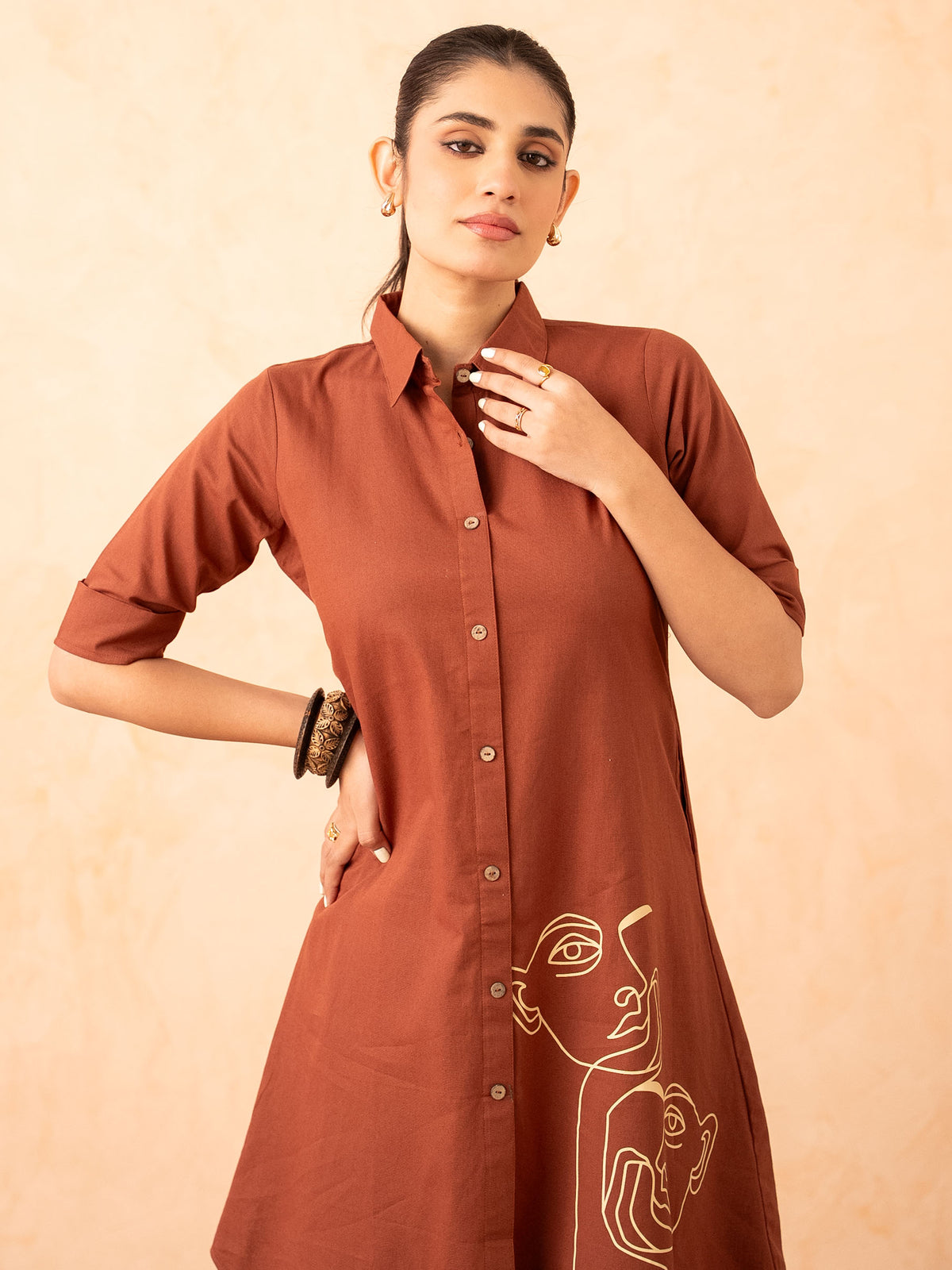 Rust Brown Shirt Dress with Line Art Print
