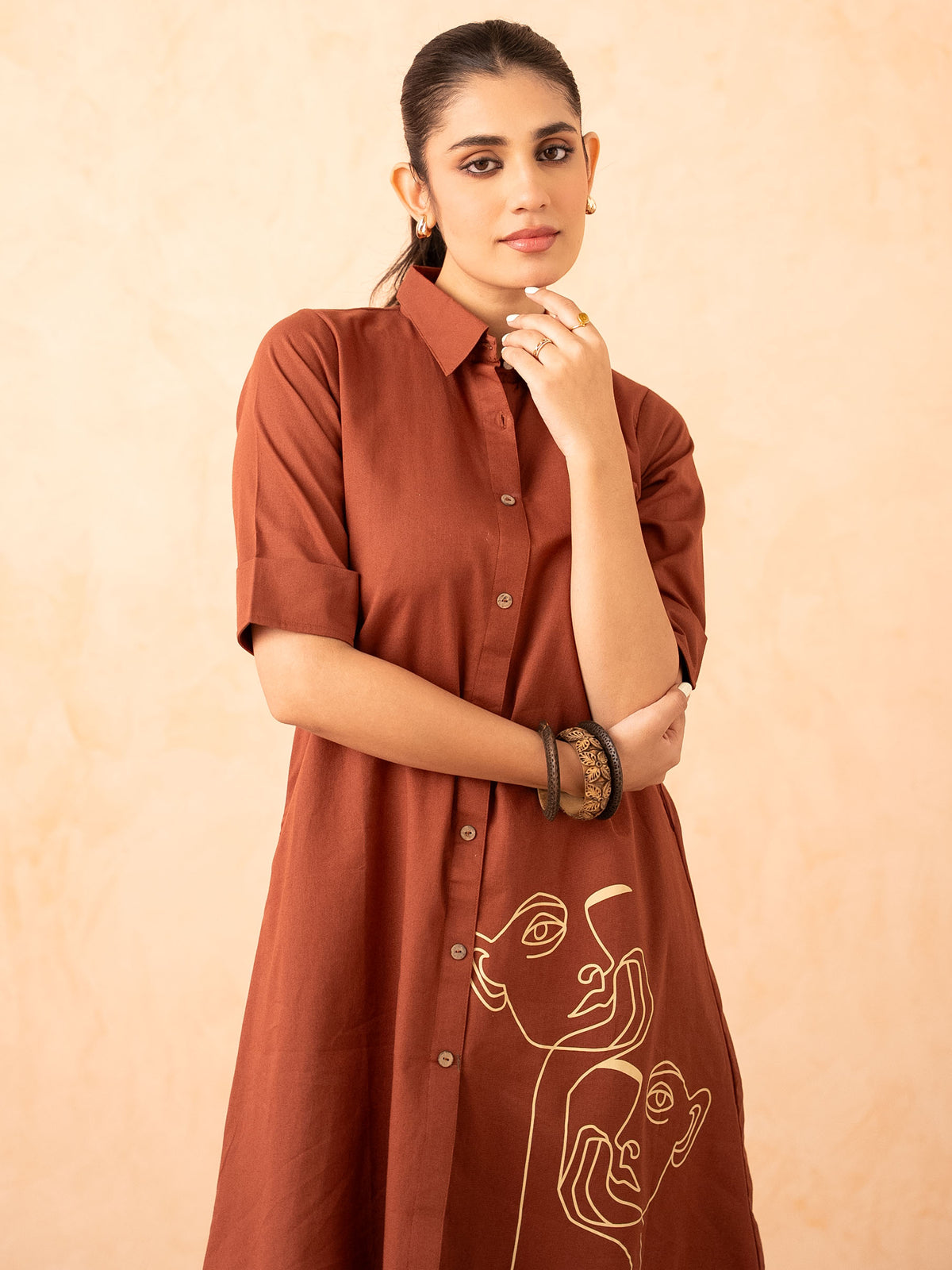 Rust Brown Shirt Dress with Line Art Print