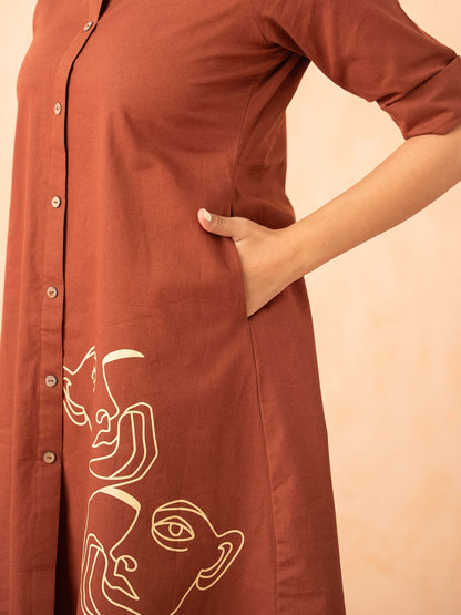 Rust Brown Shirt Dress with Line Art Print