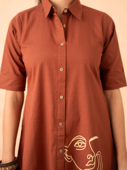 Rust Brown Shirt Dress with Line Art Print
