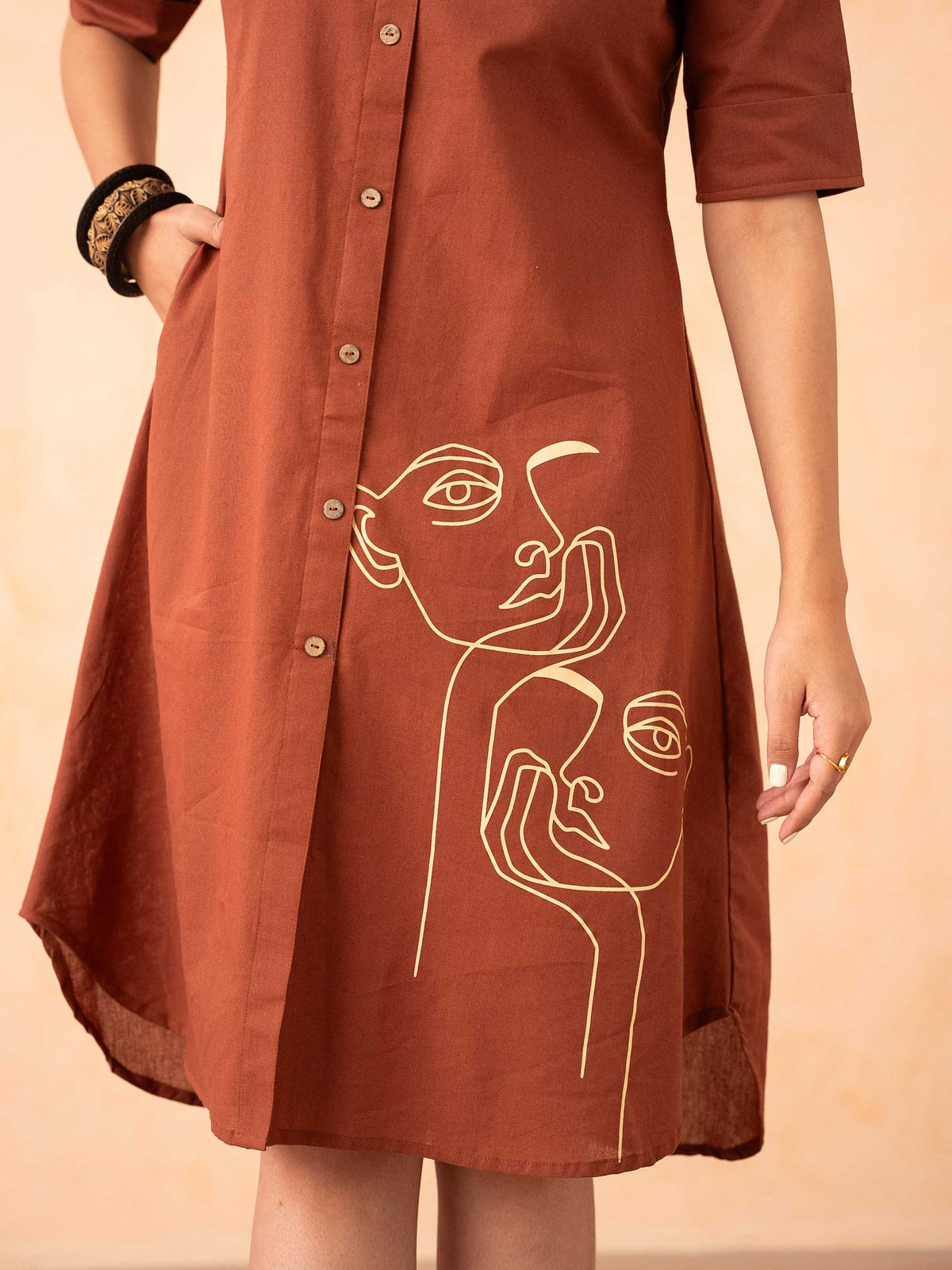 Rust Brown Shirt Dress with Line Art Print
