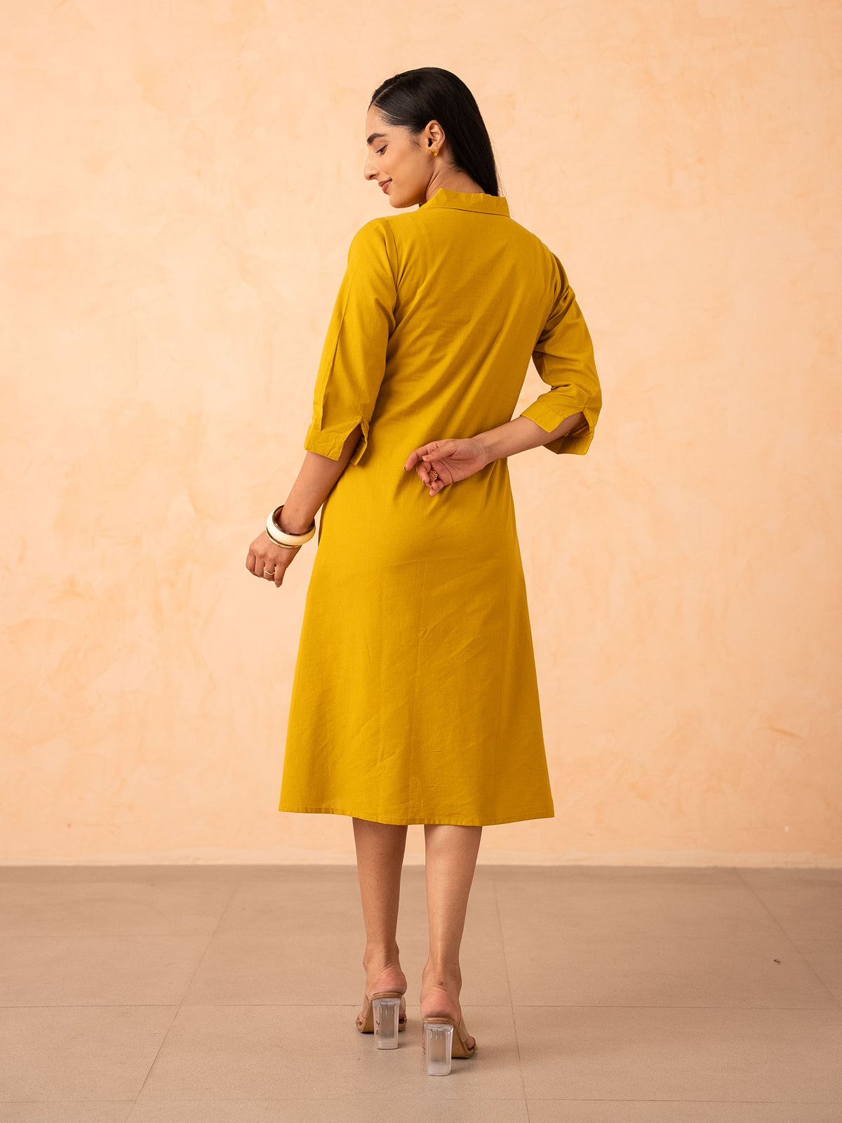 Mustard Yellow Floral Line-Art A-Line Shirt Dress