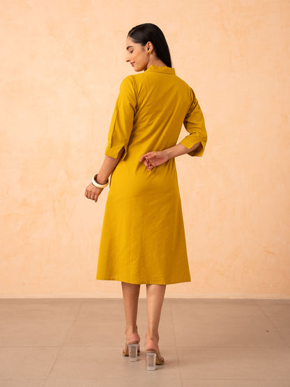 Mustard Yellow Floral Line-Art A-Line Shirt Dress