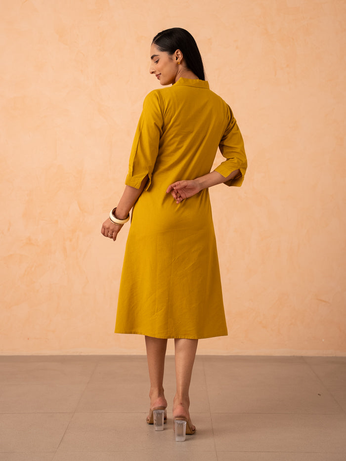 Mustard Yellow Floral Line-Art A-Line Shirt Dress