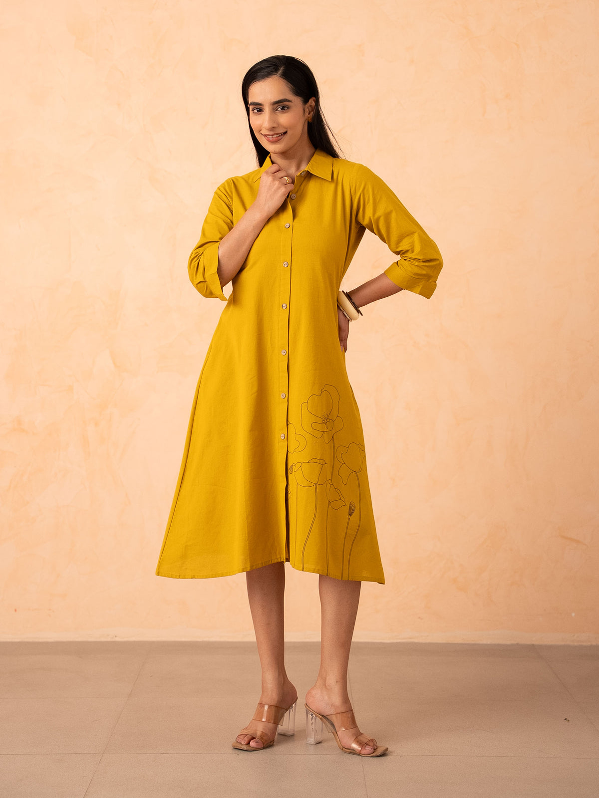Mustard Yellow Floral Line-Art A-Line Shirt Dress