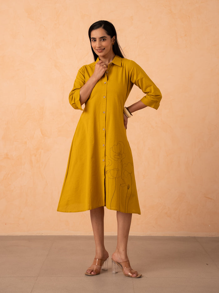 Mustard Yellow Floral Line-Art A-Line Shirt Dress