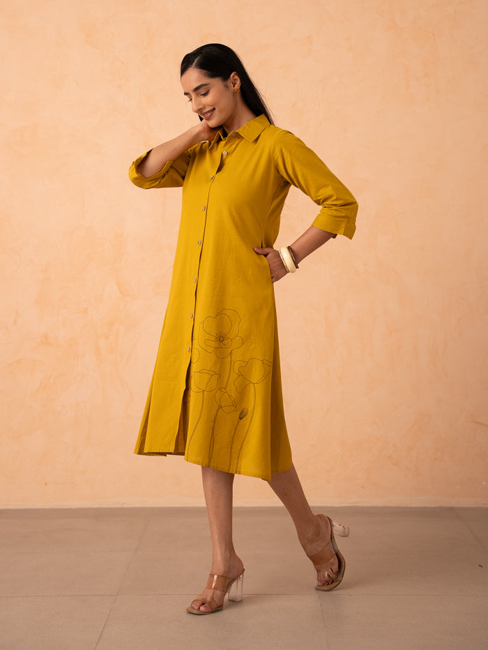 Mustard Yellow Floral Line-Art A-Line Shirt Dress