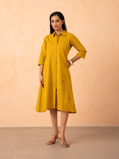 Mustard Yellow Floral Line-Art A-Line Shirt Dress
