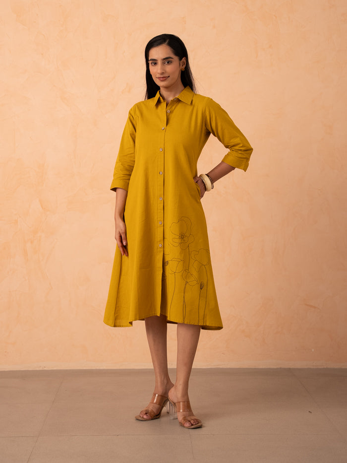 Mustard Yellow Floral Line-Art A-Line Shirt Dress