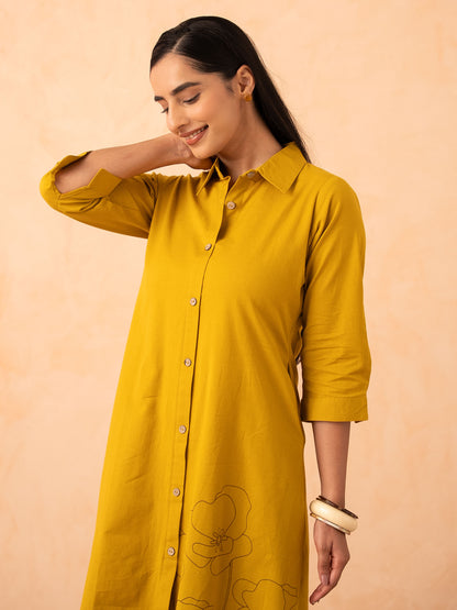 Mustard Yellow Floral Line-Art A-Line Shirt Dress