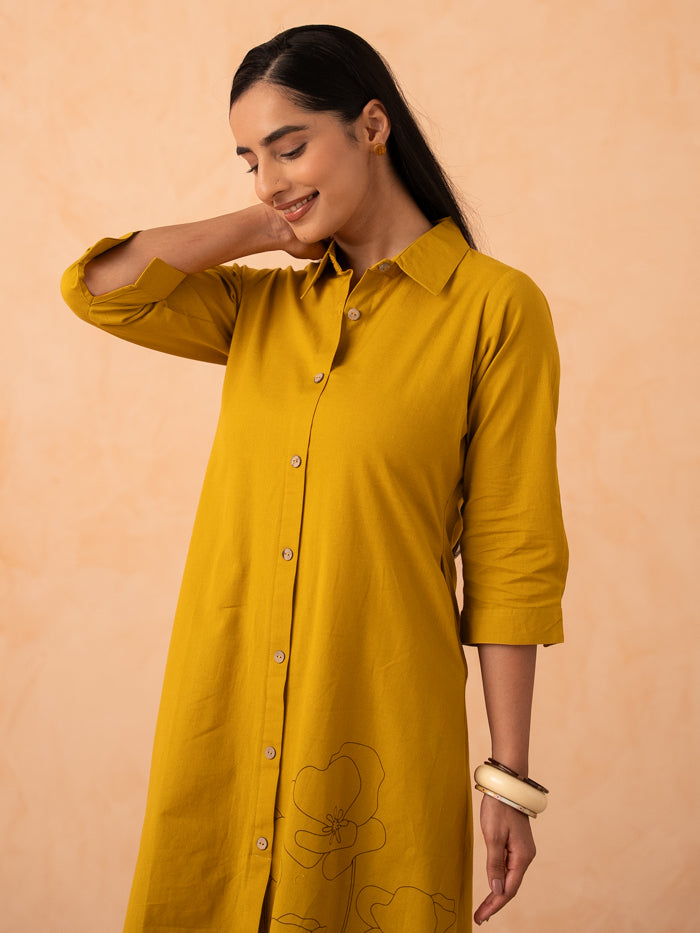 Mustard Yellow Floral Line-Art A-Line Shirt Dress
