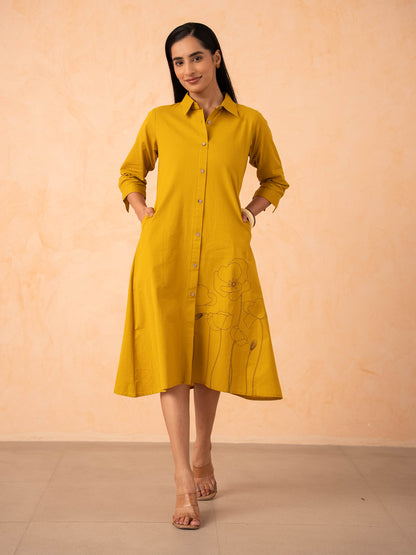 Mustard Yellow Floral Line-Art A-Line Shirt Dress