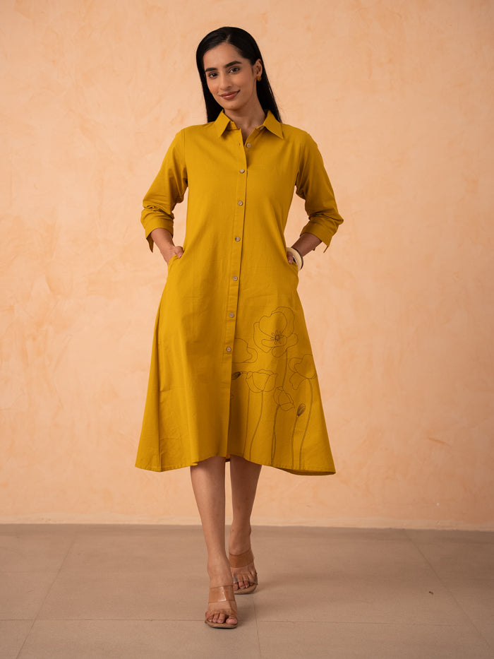 Mustard Yellow Floral Line-Art A-Line Shirt Dress