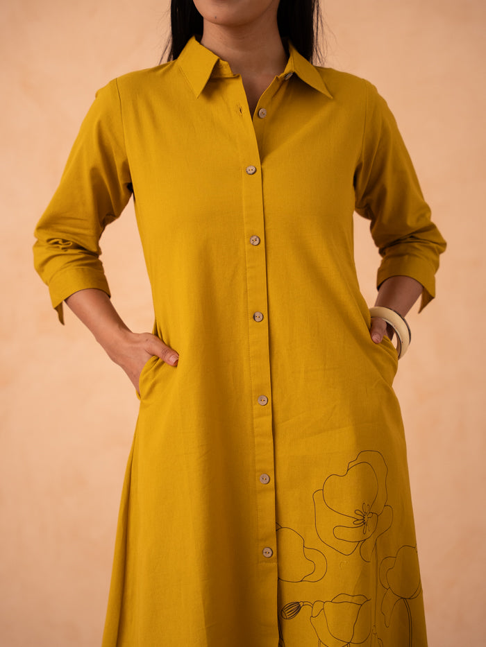 Mustard Yellow Floral Line-Art A-Line Shirt Dress