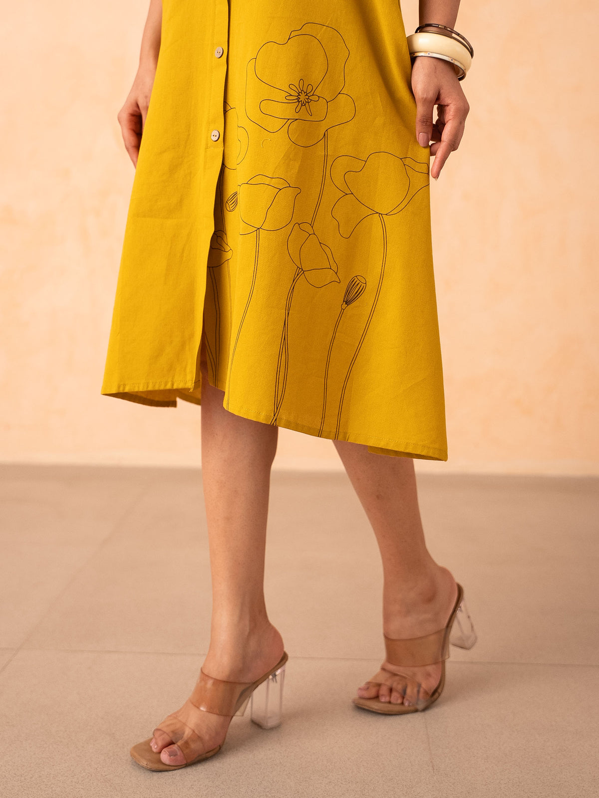 Mustard Yellow Floral Line-Art A-Line Shirt Dress