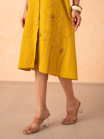 Mustard Yellow Floral Line-Art A-Line Shirt Dress