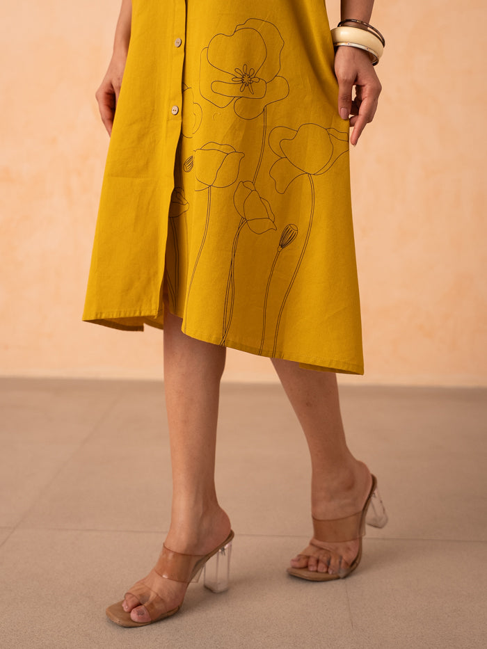 Mustard Yellow Floral Line-Art A-Line Shirt Dress