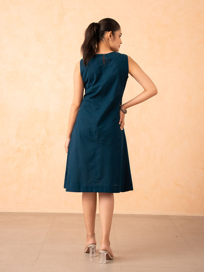 Teal Blue Floral Art A-Line Cotton Dress