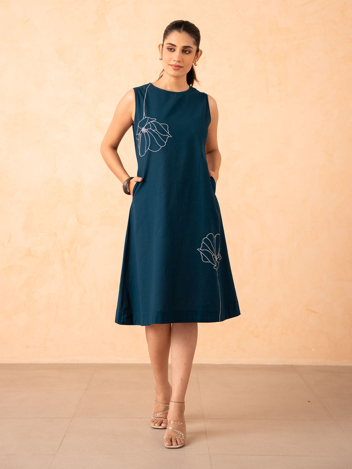 Teal Blue Floral Art A-Line Cotton Dress