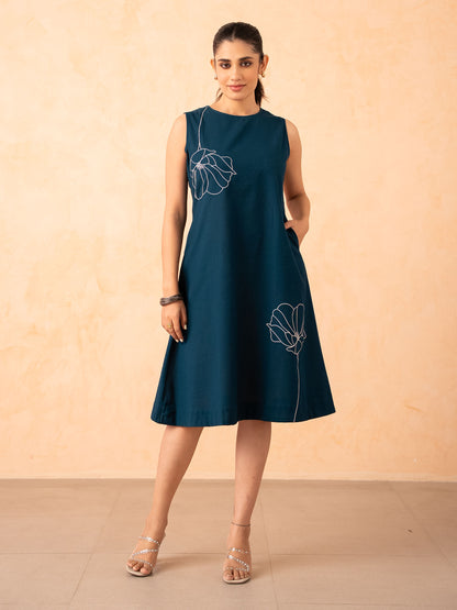 Teal Blue Floral Art A-Line Cotton Dress
