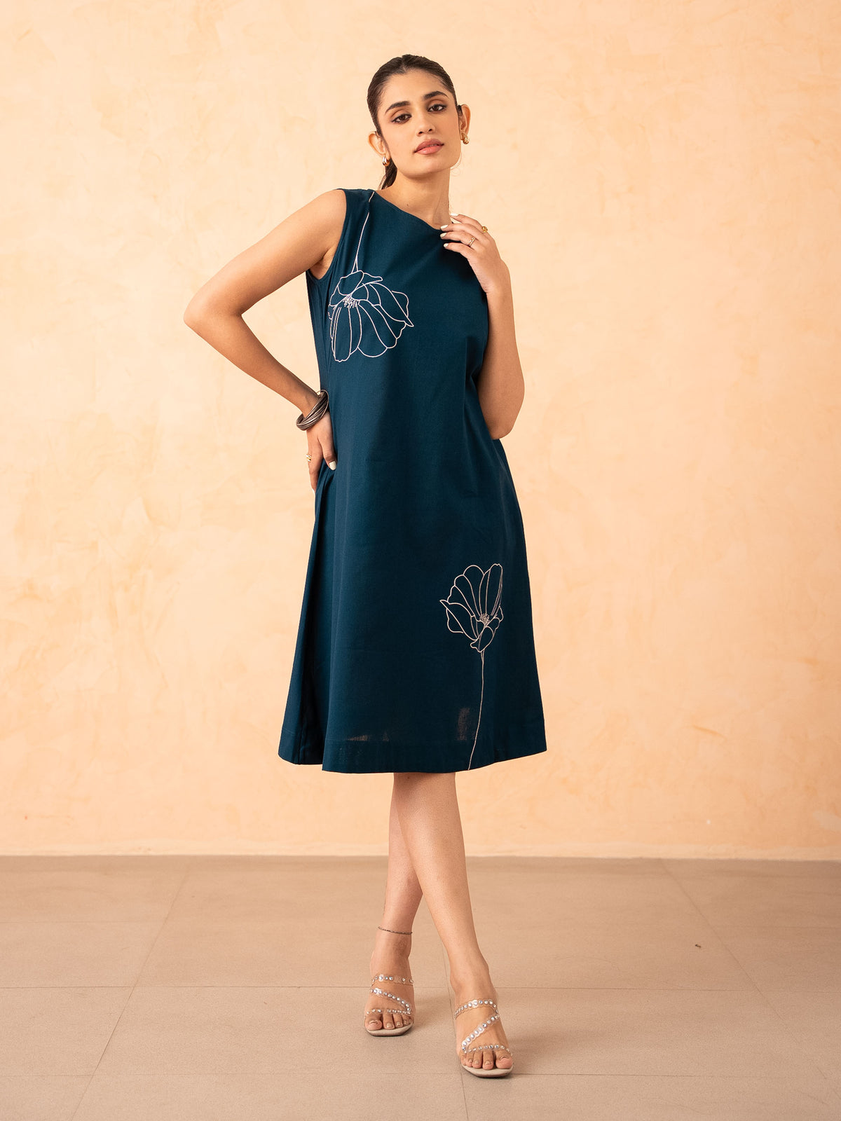 Teal Blue Floral Art A-Line Cotton Dress