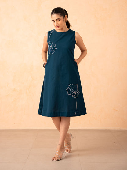 Teal Blue Floral Art A-Line Cotton Dress