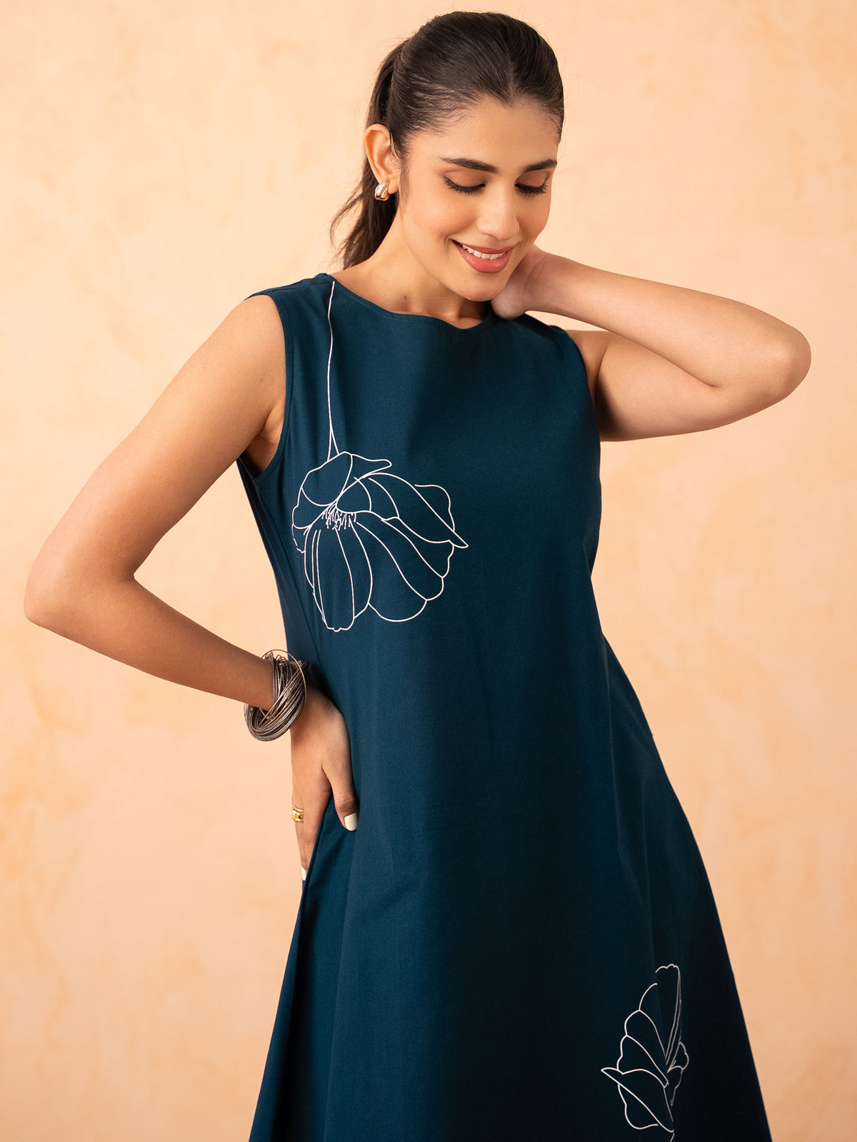 Teal Blue Floral Art A-Line Cotton Dress