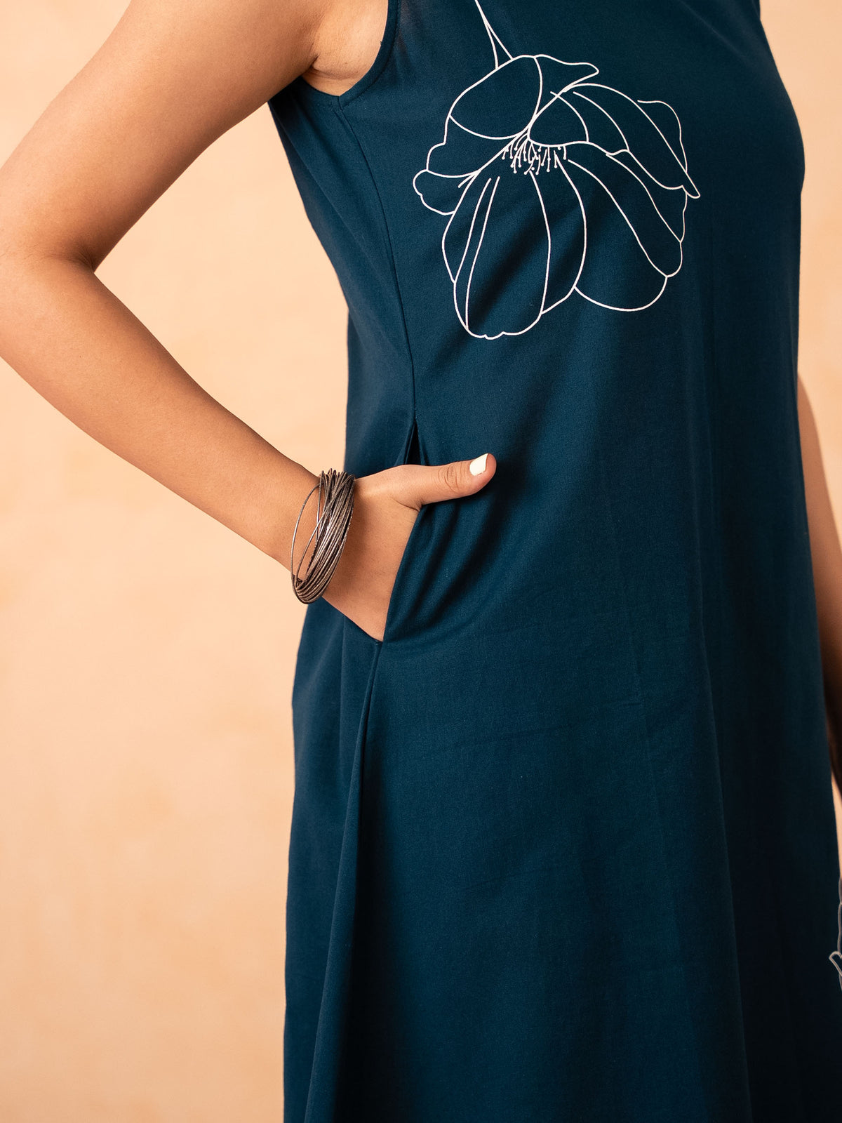 Teal Blue Floral Art A-Line Cotton Dress