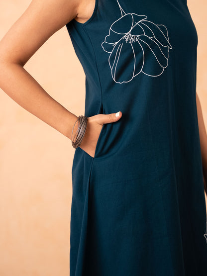 Teal Blue Floral Art A-Line Cotton Dress