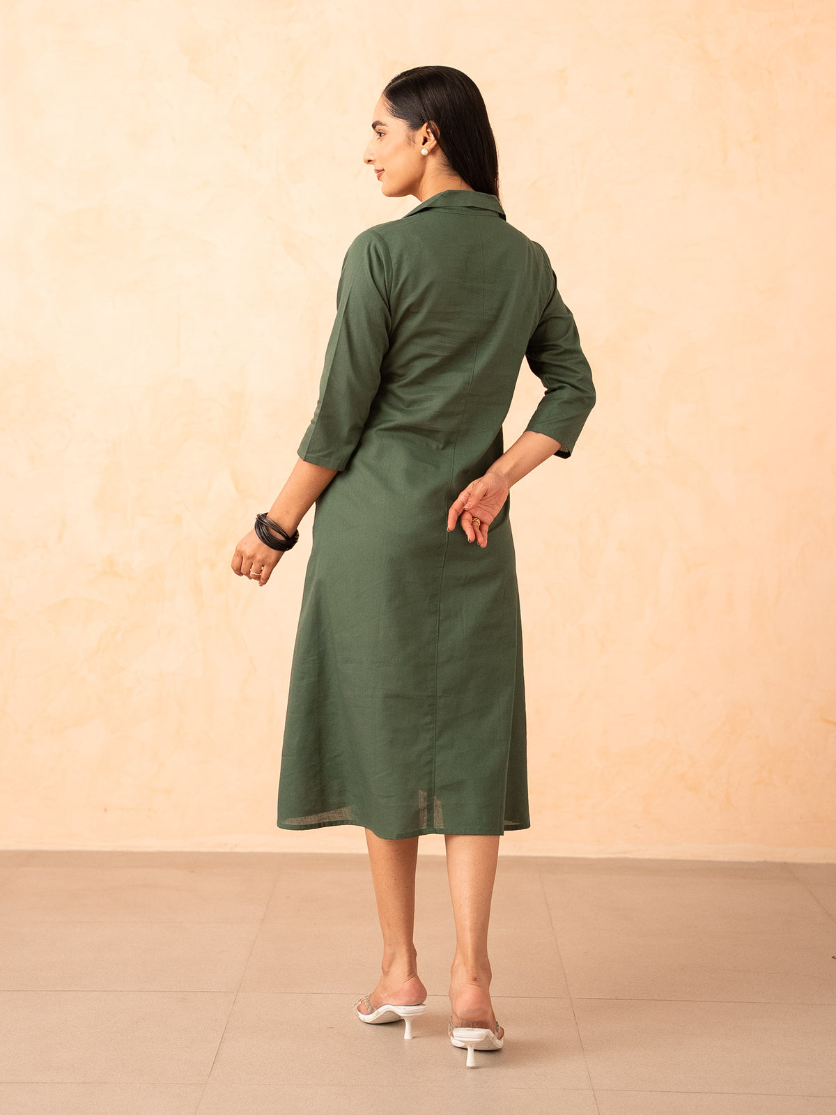 Olive Green Floral Print Cotton A-Line Midi Dress