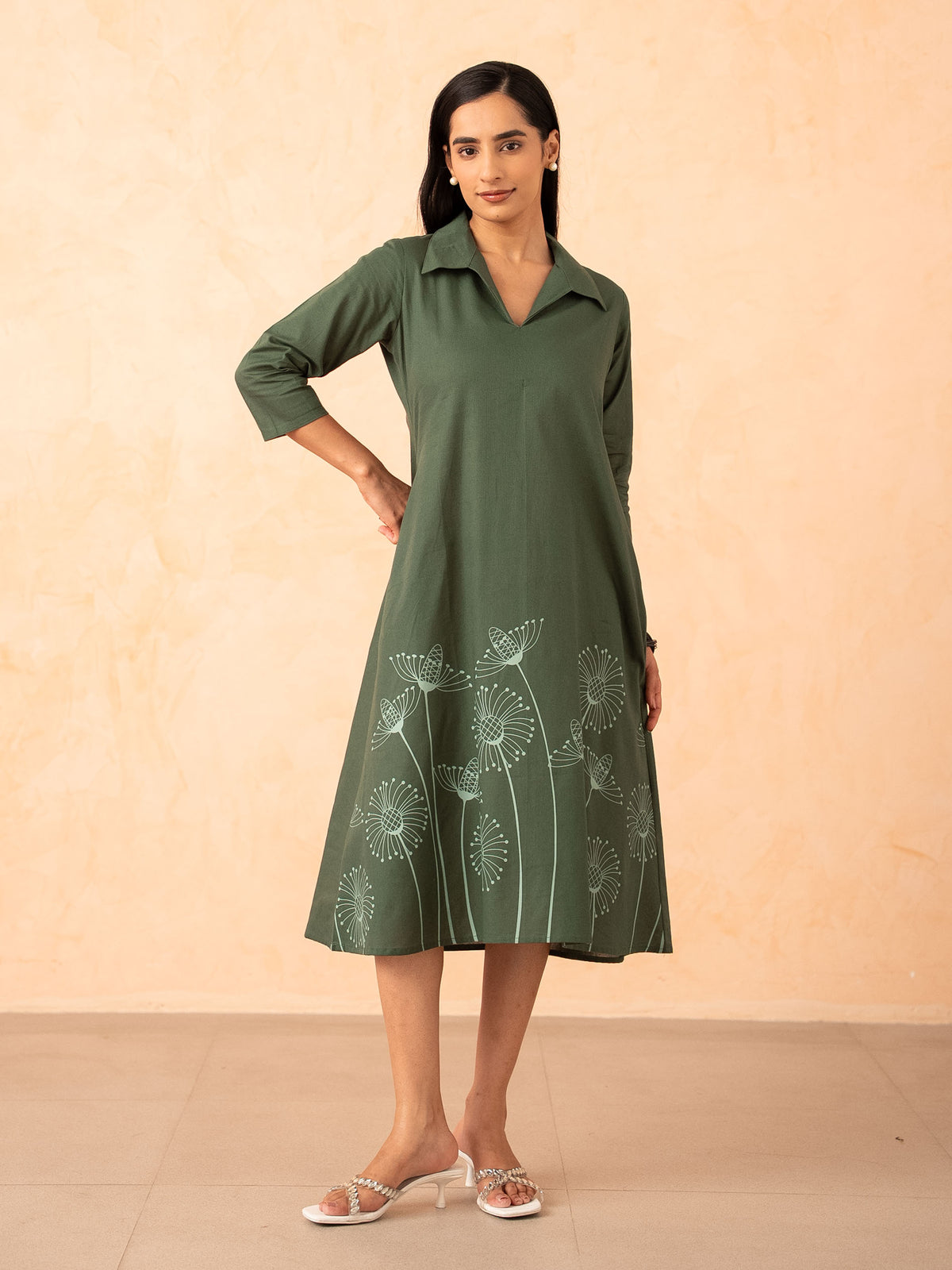 Olive Green Floral Print Cotton A-Line Midi Dress