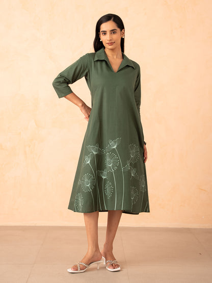 Olive Green Floral Print Cotton A-Line Midi Dress